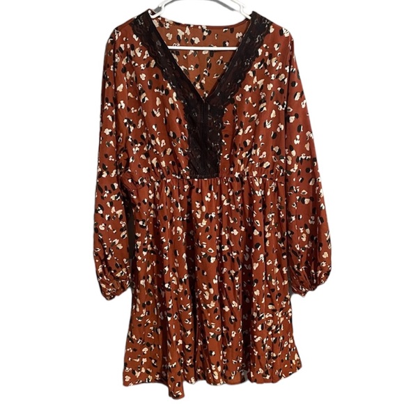 Lace Paint Stroke Leopard Print Rust Long Sleeve Flowy Dress. - Picture 2 of 10